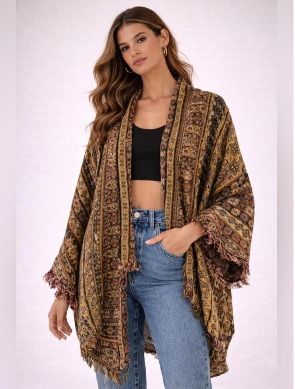 Vintage Boho Tribal Tapestry Open Blanket Cardigan Shawl